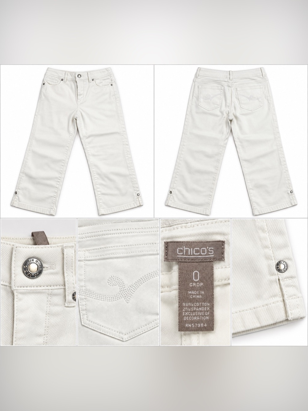 Chico’s Women’s Size 0 White Cropped Capri Jeans Stretch Denim Button Hem